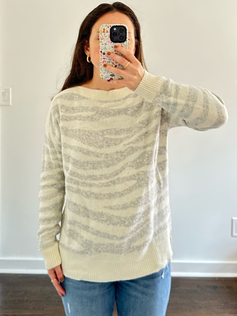LOFT Soft Gray & Cream Zebra Print Sweater | Size Small | Cozy Lightweight Knit